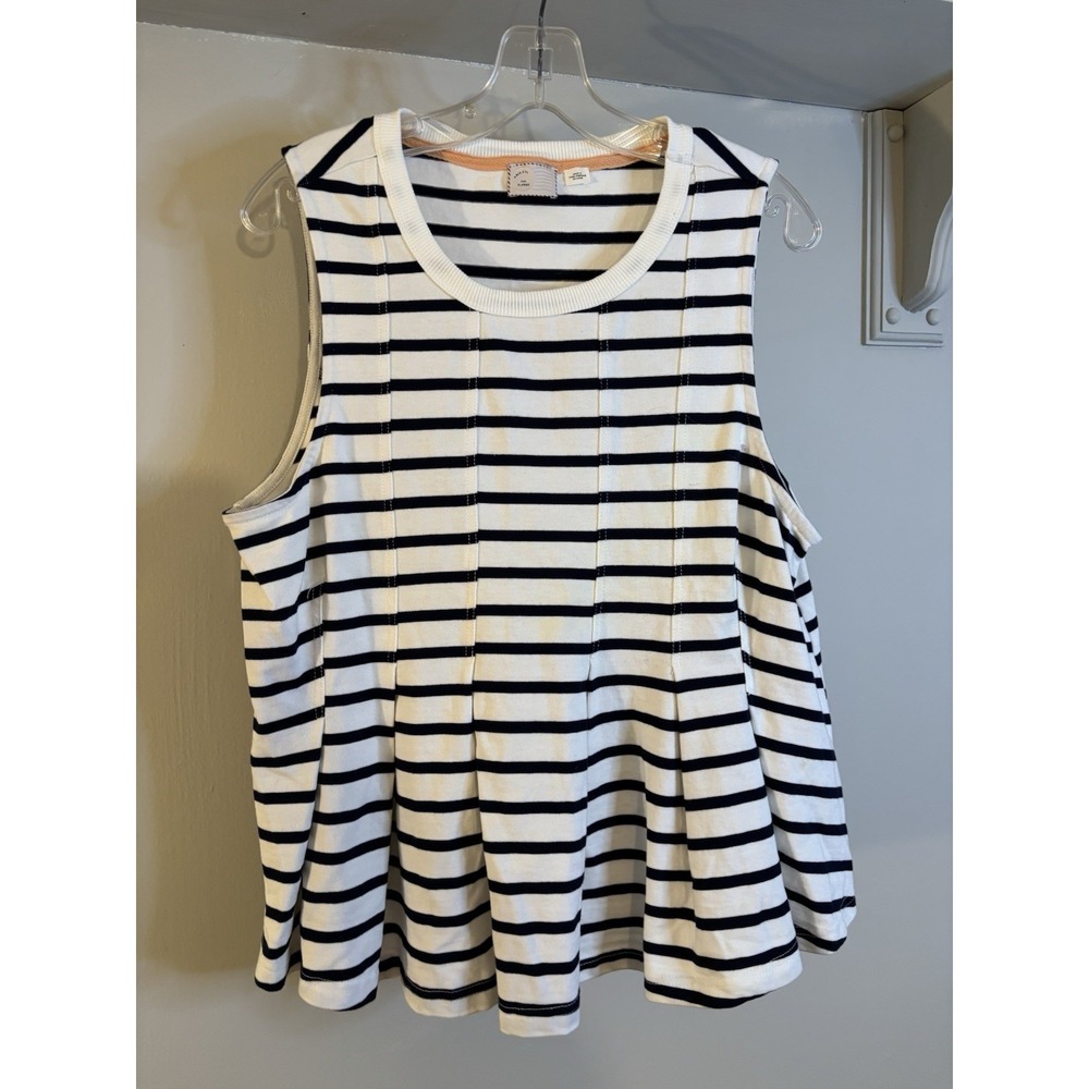 ANTHROPOLOGIE POSTMARK Blue & White Stripe Pleated Top XL Nautical Coastal